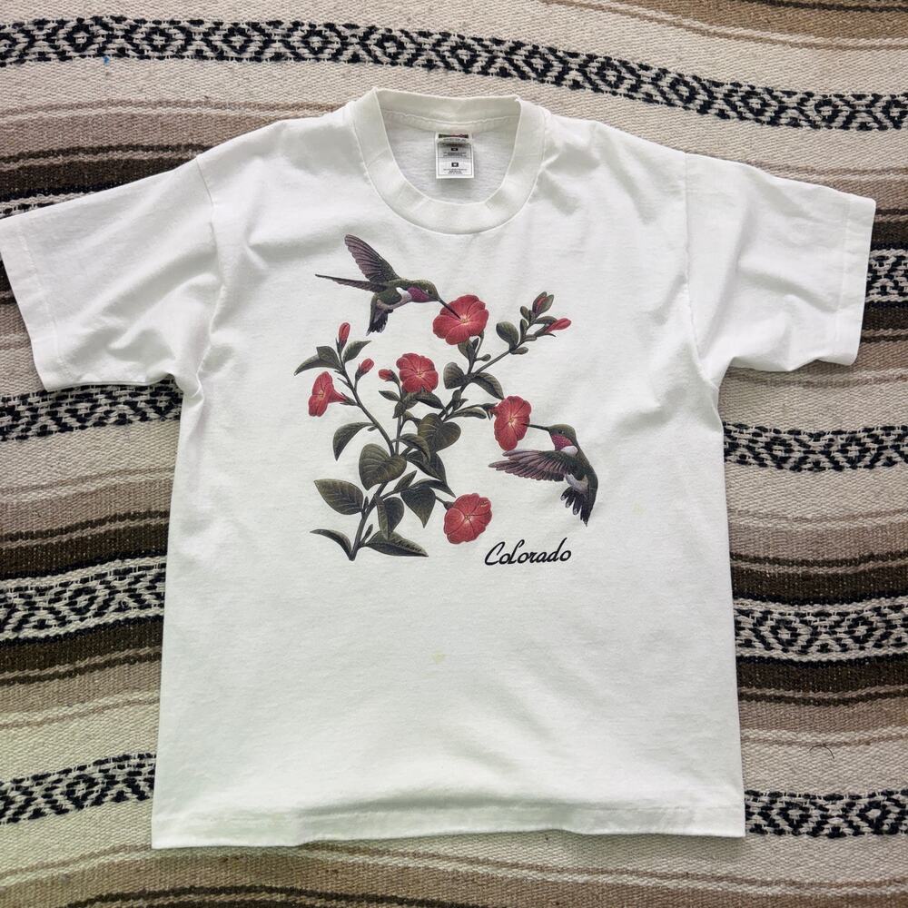Women's Vintage 90's Colorado Hummingbirds Flowers White Bird Tee Shirt Sz M VTG